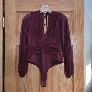GUESS Womens Burgundy Thong Drape Long Sleeve Bodysuit Sz Small